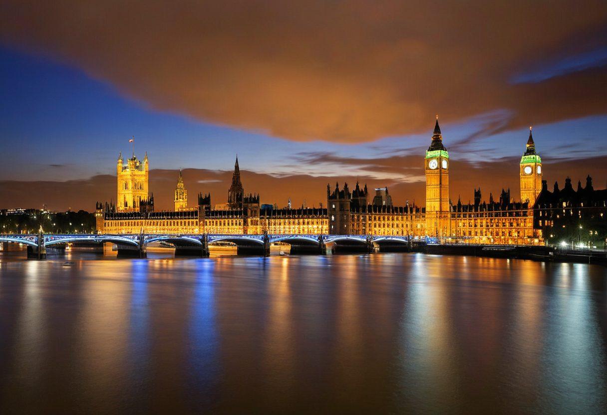 A grand view of London's skyline featuring iconic landmarks like Big Ben, the London Eye, and the Tower Bridge, with the luxurious Landmark Hotel prominently highlighted in the foreground. Elegant architecture, luxurious suites with large glass windows showcasing stunning city views. Night setting with warm, inviting lights. super-realistic. vibrant colors. dramatic lighting.