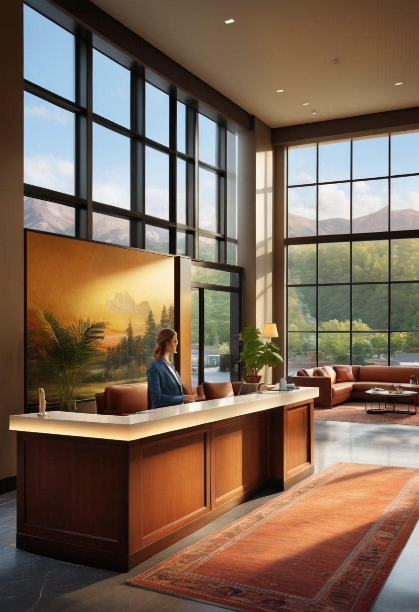 An elegant, welcoming lobby of a luxurious hotel with a blend of modern business amenities and leisure features. A professional carrying a briefcase, a family checking in, and a cozy lounge area with travelers relaxing. The backdrop includes a sleek reception desk, stylish decor, and a large window showcasing a scenic view of a bustling city and serene nature. super-realistic. vibrant colors. warm lighting.